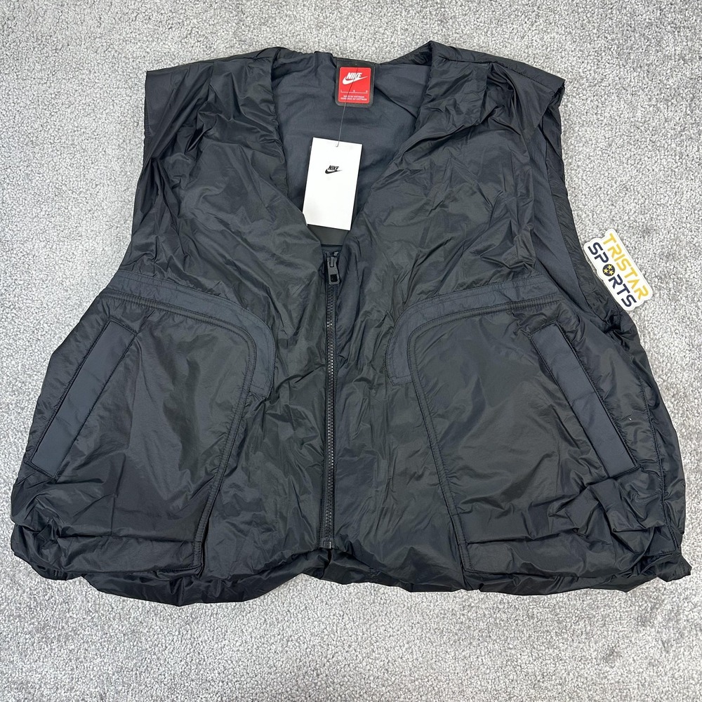 Nike Vest Mens Large Black Loose Fit Insulated Nylon Zip Pockets Tech Woven